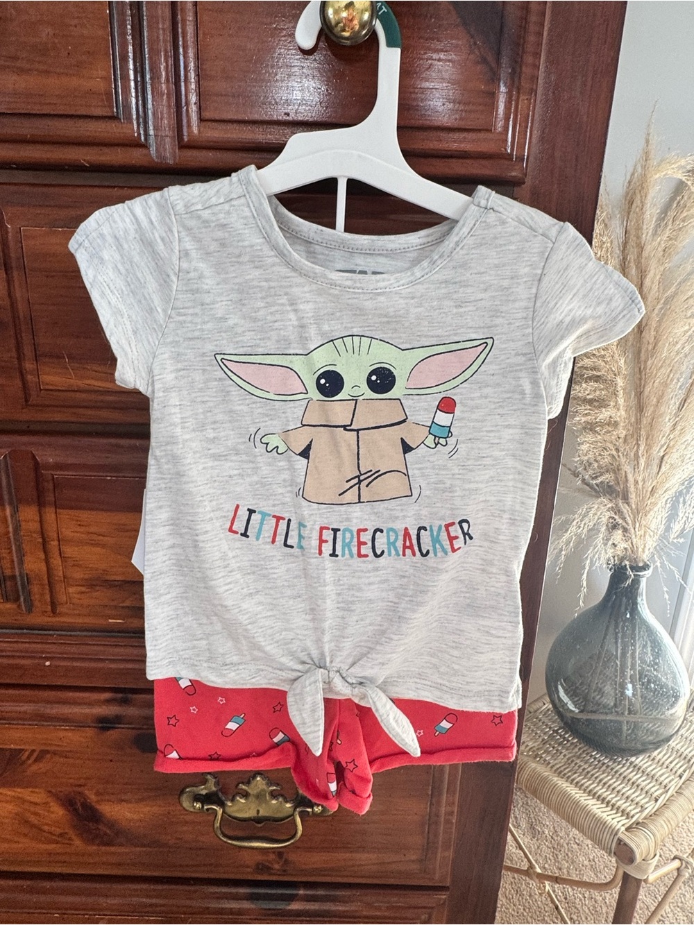 Disney Little Firecracker Baby Yoda Gray Tee & Red Shorts Matching Set